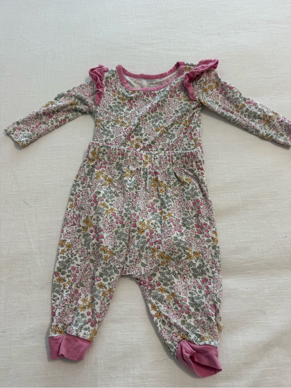 Girls Pink Floral Ruffle-Shoulder Long-Sleeve Bodysuit